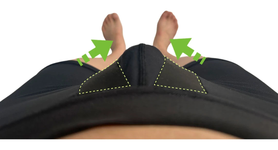 FA BOXER BRIEF の専用バンドが股間部を左右から斜め上へ引き上げ、三角構造で上向きの位置に固定する様子